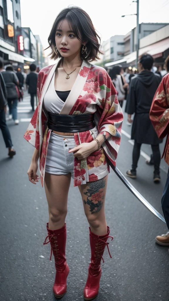 Beautiful Chinese woman, (16 years old), cute face, red lips, white moist skin, moles, under-eye bags,
BREAK,
Feminine body with high athletic ability, Body of a female fitness model, Feminine body with hard tones, (Muscles: 1.2), (Beautiful belly button),
BREAK,
Fighter, Kung Fu fighter, Idol,
BREAK,
(Wearing a cute kimono: 1.3), (Kimono with a high degree of exposure), (Stiletto heels, long boots 1.3), necklace, very large earrings, short length,
BREAK,
Short hair, (Short bob hair), (Bangs: 1.2), (Colorful hair: 1.3), (Wavy hair),
BREAK,
(Very large Japanese sword: 1.4), (Holding the handle of a Japanese sword: 1.3), (Raising a very large Japanese sword: 1.2), (Getting into a fighting stance), (Japanese sword with a beautiful blade: 1.2)
BREAK,
(Japanese tattoo: 1.4),
BREAK,
Masterpiece, Perfect lighting, Ultra high resolution, 8K, (Very detailed: 1.4), (From the front), Looking at the camera, Melancholic expression,
BREAK,
(Tokyo city, lots of people in the background: 1.2), Background of the city of Shibuya, Tokyo, Japan,