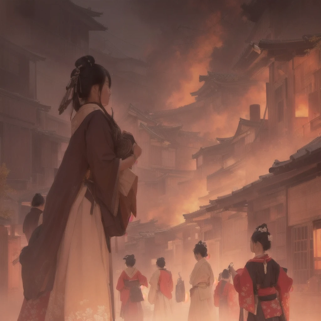 A woman walking down the street with fire in the background, an ancient city on fire, Beautiful artwork illustration, Written by Zou Zhe, Inspired by Chung Fenghua, Bayard Wu, Jan J, by Han Gan, Concept art Great atmosphere, illustration concept art, Written by Len Mei, by 下尾Blazing flames, fire, crowd, throng, freezing, mother warming her baby.Scenery and Cityscape in the Early Meiji Era After the Meiji Restoration, Japan underwent rapid modernization and civilization. Consequently, many changes and reforms occurred. Below is a detailed explanation of the scenery, appearance of the poor, occupations, and cityscapes in the early Meiji period (1868 to the early 1880s). 2. Appearance of the Poor Life for the impoverished and lower classes remained harsh. In particular, in urban areas, people migrated from rural areas or unemployed artisans gathered, intensifying competition in the labor market. Many of them struggled with poverty, often residing in slums or around temples. 3. Occupations Meiji early Japan witnessed a diversification of occupations. Traditional agriculture and handicrafts were accompanied by the rise of modern industry and commerce. Particularly in urban areas, factory workers, shop clerks, and transporters increased, giving rise to new professions. However, many in these occupations endured harsh working conditions. 4. Influence of Civilization and Enlightenment During the Meiji era, Western cultural influences spread rapidly. Changes in clothing, dietary habits, and the proliferation of Western-style architecture advanced, especially in urban areas. Conversely, this development posed a threat to traditional culture and lifestyles, resulting in societal upheaval and adaptation challenges. 5. Social Change and Policy Influence While promoting modernization policies, the government also addressed poverty and social issues. Legislation for labor protection and charitable activities to aid the poor were implemented. Nevertheless, living conditions for the impoverished scarcely improved. The early Meiji period marked a rapid transformation in Japan, with complex social landscapes involving chal