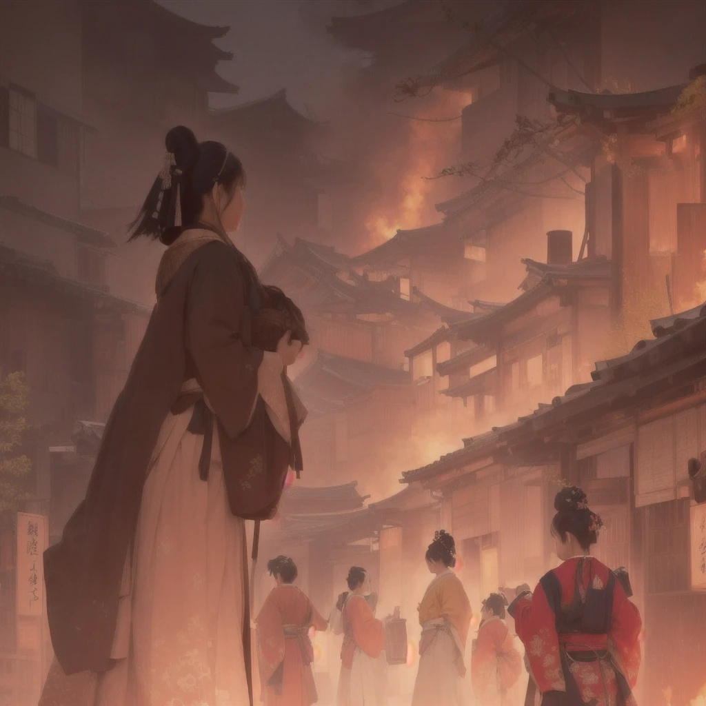 A woman walking down the street with fire in the background, an ancient city on fire, Beautiful artwork illustration, Written by Zou Zhe, Inspired by Chung Fenghua, Bayard Wu, Jan J, by Han Gan, Concept art Great atmosphere, illustration concept art, Written by Len Mei, by 下尾Blazing flames, fire, crowd, throng, freezing, mother warming her baby.Scenery and Cityscape in the Early Meiji Era After the Meiji Restoration, Japan underwent rapid modernization and civilization. Consequently, many changes and reforms occurred. Below is a detailed explanation of the scenery, appearance of the poor, occupations, and cityscapes in the early Meiji period (1868 to the early 1880s). 2. Appearance of the Poor Life for the impoverished and lower classes remained harsh. In particular, in urban areas, people migrated from rural areas or unemployed artisans gathered, intensifying competition in the labor market. Many of them struggled with poverty, often residing in slums or around temples. 3. Occupations Meiji early Japan witnessed a diversification of occupations. Traditional agriculture and handicrafts were accompanied by the rise of modern industry and commerce. Particularly in urban areas, factory workers, shop clerks, and transporters increased, giving rise to new professions. However, many in these occupations endured harsh working conditions. 4. Influence of Civilization and Enlightenment During the Meiji era, Western cultural influences spread rapidly. Changes in clothing, dietary habits, and the proliferation of Western-style architecture advanced, especially in urban areas. Conversely, this development posed a threat to traditional culture and lifestyles, resulting in societal upheaval and adaptation challenges. 5. Social Change and Policy Influence While promoting modernization policies, the government also addressed poverty and social issues. Legislation for labor protection and charitable activities to aid the poor were implemented. Nevertheless, living conditions for the impoverished scarcely improved. The early Meiji period marked a rapid transformation in Japan, with complex social landscapes involving chal