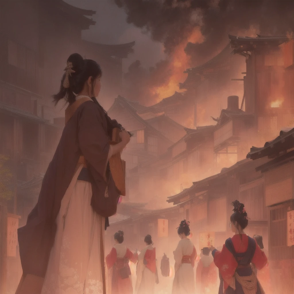 A woman walking down the street with fire in the background, an ancient city on fire, Beautiful artwork illustration, Written by Zou Zhe, Inspired by Chung Fenghua, Bayard Wu, Jan J, by Han Gan, Concept art Great atmosphere, illustration concept art, Written by Len Mei, by 下尾Blazing flames, fire, crowd, throng, freezing, mother warming her baby.Scenery and Cityscape in the Early Meiji Era After the Meiji Restoration, Japan underwent rapid modernization and civilization. Consequently, many changes and reforms occurred. Below is a detailed explanation of the scenery, appearance of the poor, occupations, and cityscapes in the early Meiji period (1868 to the early 1880s). 2. Appearance of the Poor Life for the impoverished and lower classes remained harsh. In particular, in urban areas, people migrated from rural areas or unemployed artisans gathered, intensifying competition in the labor market. Many of them struggled with poverty, often residing in slums or around temples. 3. Occupations Meiji early Japan witnessed a diversification of occupations. Traditional agriculture and handicrafts were accompanied by the rise of modern industry and commerce. Particularly in urban areas, factory workers, shop clerks, and transporters increased, giving rise to new professions. However, many in these occupations endured harsh working conditions. 4. Influence of Civilization and Enlightenment During the Meiji era, Western cultural influences spread rapidly. Changes in clothing, dietary habits, and the proliferation of Western-style architecture advanced, especially in urban areas. Conversely, this development posed a threat to traditional culture and lifestyles, resulting in societal upheaval and adaptation challenges. 5. Social Change and Policy Influence While promoting modernization policies, the government also addressed poverty and social issues. Legislation for labor protection and charitable activities to aid the poor were implemented. Nevertheless, living conditions for the impoverished scarcely improved. The early Meiji period marked a rapid transformation in Japan, with complex social landscapes involving chal