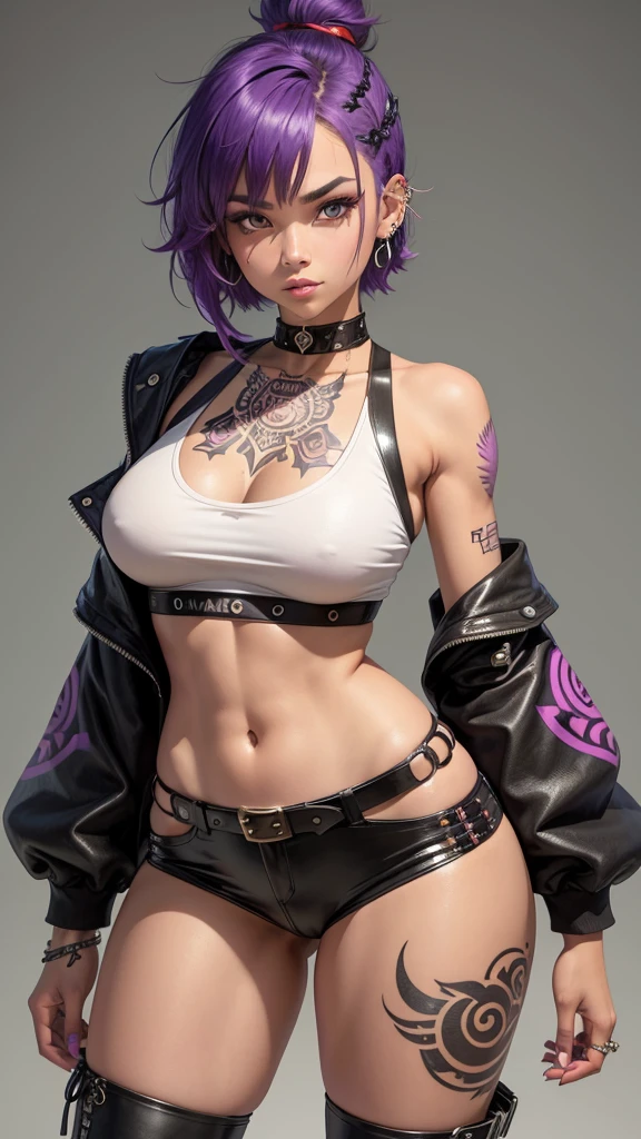 A highly detailed anime-style illustration of a bold, young woman with short, vibrant purple hair and tan skin. She has symbolic tattoos of tribal patterns and animals on her arms. She wears a cropped top with metallic details, leather pants, and combat boots. Accessories include piercings and rings. Her expression is fierce and confident, with a hint of a smile. The background is minimal, highlighting the character's distinct features and strong personality