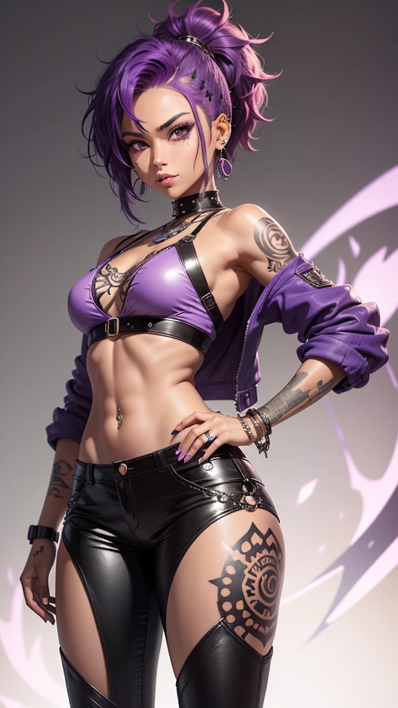 A highly detailed anime-style illustration of a bold, young woman with short, vibrant purple hair and tan skin. She has symbolic tattoos of tribal patterns and animals on her arms. She wears a cropped top with metallic details, leather pants, and combat boots. Accessories include piercings and rings. Her expression is fierce and confident, with a hint of a smile. The background is minimal, highlighting the character's distinct features and strong personality