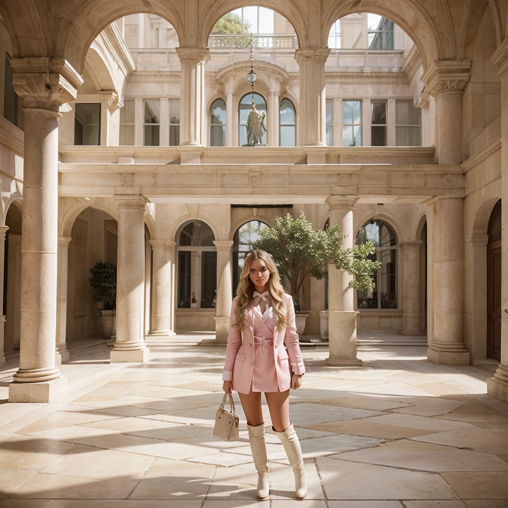 Image is a stylish and elegant photograph taken in a grand, classical-style courtyard with a glass ceiling. The layout features a central figure, a woman with long, wavy blonde hair adorned with a large pink bow. She is dressed in a white blazer and matching knee-high boots, carrying a small pink handbag. The background showcases a beige stone building with large arched windows and intricate architectural details. There are two white statues of horses on pedestals, adding to the sophisticated ambiance. The overall composition is balanced and aesthetically pleasing, highlighting the contrast between the modern fashion and the historic setting.
