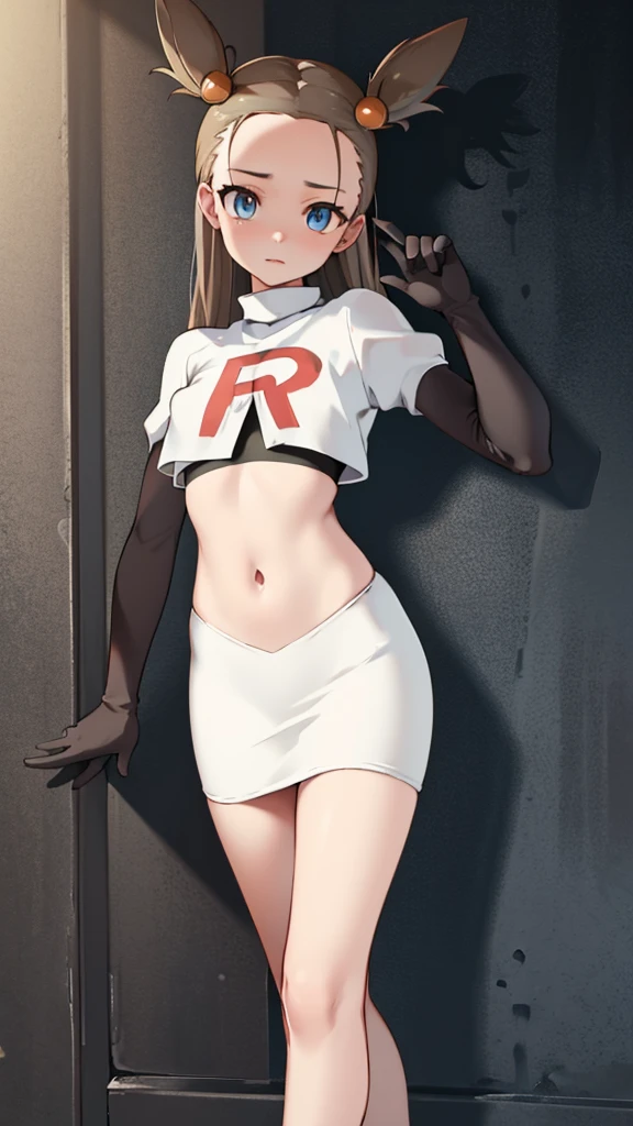 pokemon Jasmine ,pokemon Jasmine brown eyes, gray fur, with two buns, by the wide (small breasts:1.2),
Team Rocket,Team Rocket uniform, red letter R, White skirt,White crop top,black thigh high stockings,black elbow length gloves BREAK looking at viewer,
BREAK (masterpiece:1.2), Best Quality, High resolution, unity wallpaper 8k, (illustration:0.8), (beautiful detailed eyes:1.6), extremely detailed face, perfect lighting, Extremely detailed CG, (perfect hands, perfect anatomy),( with a Pokeball in hand)