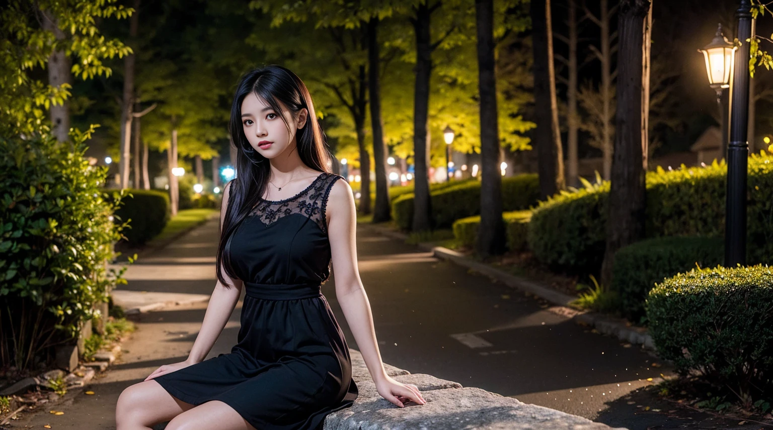 (masterpiece, Highest quality), One girl(Athena_Assamese), Cute Dresses, Long black hair, Sitting, Beautiful outdoor background, night, forest