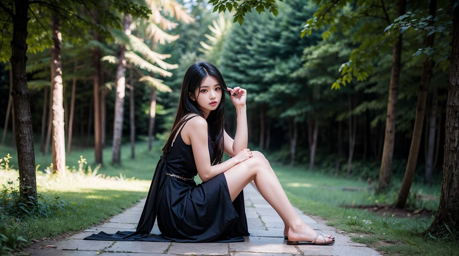 (masterpiece, Highest quality), One girl(Athena_Assamese), Cute Dresses, Long black hair, Sitting, Beautiful outdoor background, night, forest