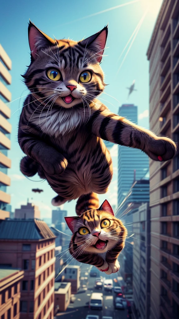 a huge cat jumping from rooftop, grabbing a helicopter, beautiful detailed eyes, beautiful detailed lips, extremely detailed eyes and face, long eyelashes, cinematic composition, dramatic shattering of glass, dramatic action scene, dynamic motion blur, high contrast lighting, intense colors, vibrant colors, hyper-realistic, award winning photography, 8k, best quality, masterpiece