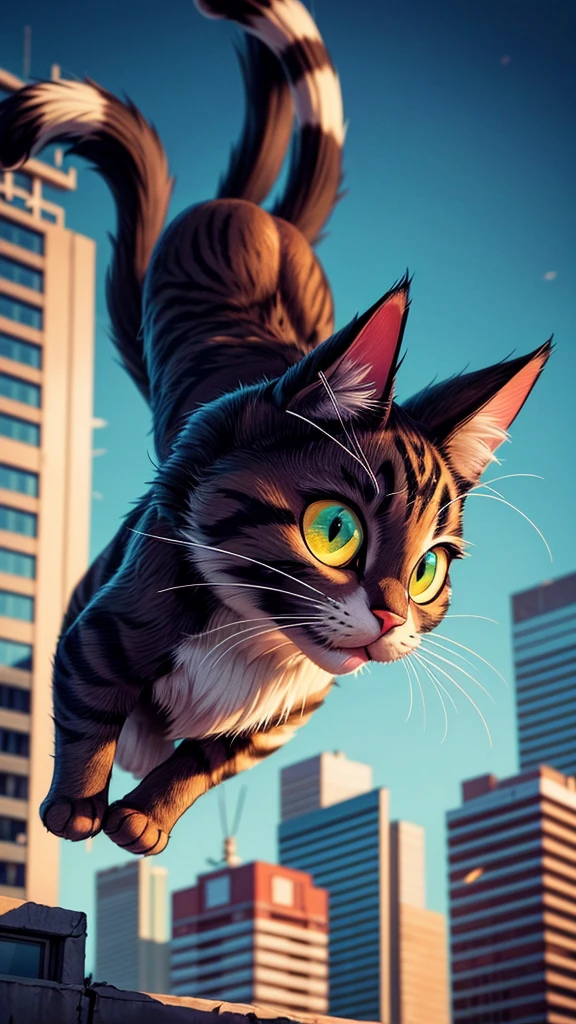 a huge cat jumping from rooftop, grabbing a helicopter, beautiful detailed eyes, beautiful detailed lips, extremely detailed eyes and face, long eyelashes, cinematic composition, dramatic shattering of glass, dramatic action scene, dynamic motion blur, high contrast lighting, intense colors, vibrant colors, hyper-realistic, award winning photography, 8k, best quality, masterpiece