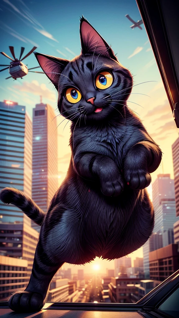 a huge cat jumping from rooftop, grabbing a helicopter, beautiful detailed eyes, beautiful detailed lips, extremely detailed eyes and face, long eyelashes, cinematic composition, dramatic shattering of glass, dramatic action scene, dynamic motion blur, high contrast lighting, intense colors, vibrant colors, hyper-realistic, award winning photography, 8k, best quality, masterpiece