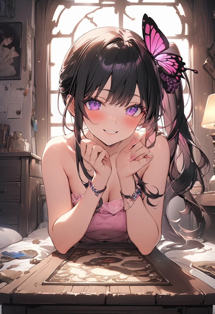 nsfw, Yuri Kanaotsu, Kanao Tsuyuri, Black Hair, butterfly, butterfly hair ornament, (Purple eyes:1.1), Side ponytail, ponytail, smile、blush、、My mouth is empty、Sit on the bed、
topless, A medium-sized chest、Cute pink panties、Full Body Shot、
break looking at viewer,
Indoor break, shabby room,
break (Tabletop:1.2), Highest quality, High resolution, unity 8k wallpaper, (shape:0.8), (Beautiful details:1.6), Highly detailed face, Perfect lighting, Extremely detailed CG, (Perfect hands, Perfect Anatomy),