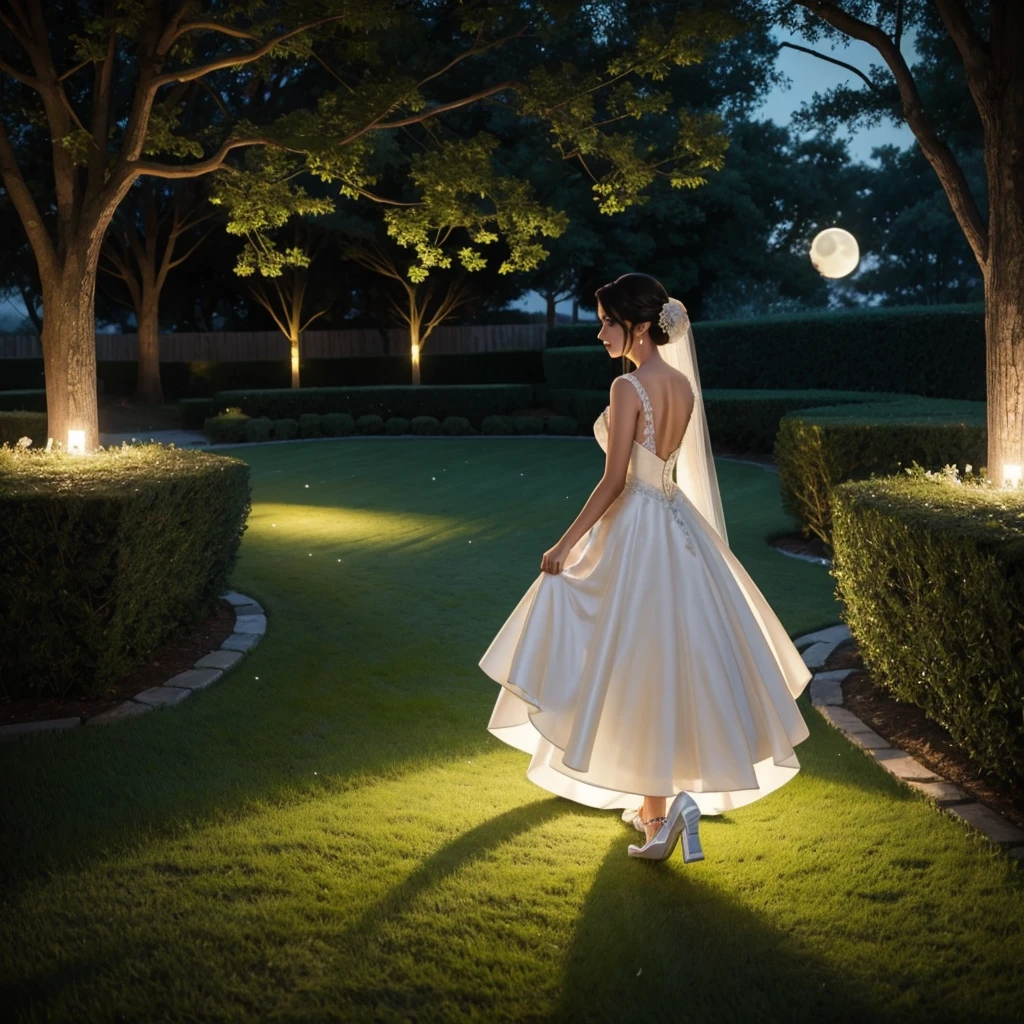 A girl wear wedding dress and walk in the lawn moon lighting slowly 