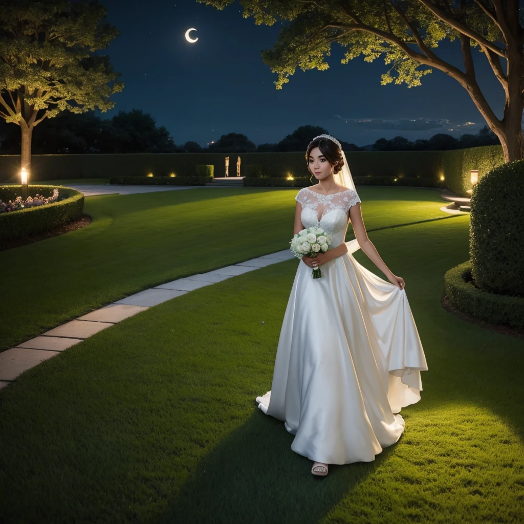 A girl wear wedding dress and walk in the lawn moon lighting slowly