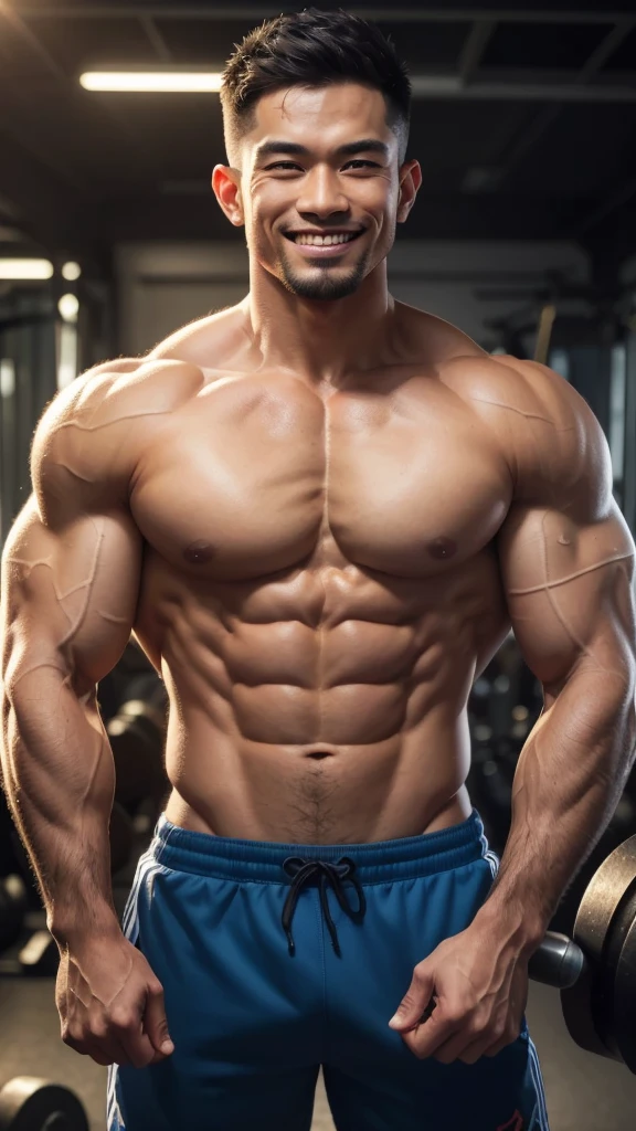a 20yo Malay man with a chiseled six-pack abs, smiling and working out at the gym, ultra-detailed, (best quality,4k,8k,highres,masterpiece:1.2),ultra-detailed,(realistic,photorealistic,photo-realistic:1.37),HDR,UHD,studio lighting,ultra-fine painting,sharp focus,physically-based rendering,extreme detail description,professional,vivid colors,bokeh,stunning portrait,fit,athletic,shirtless,fit,ripped,abs,biceps,pecs,triceps,flexing,smiling,happy expression,gym,workout,exercise,sports equipment,weight lifting,dumbbells,barbells,warm lighting,cinematic lighting