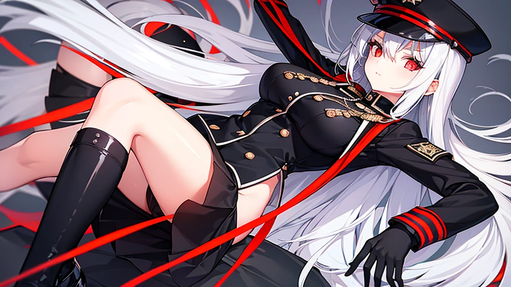 Two girls with long straight silver hair, twins, red eyes, big breasts, slim body, cool, black hat, black military uniform, black mini quilt skirt, night city