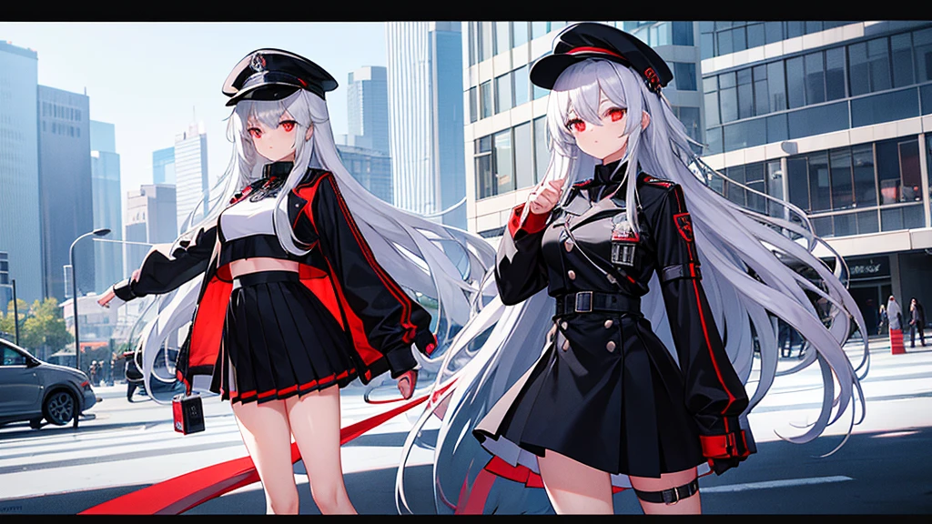 Two girls with long straight silver hair, twins, red eyes, big breasts, slim body, cool, black hat, black military uniform, black mini quilt skirt, night city