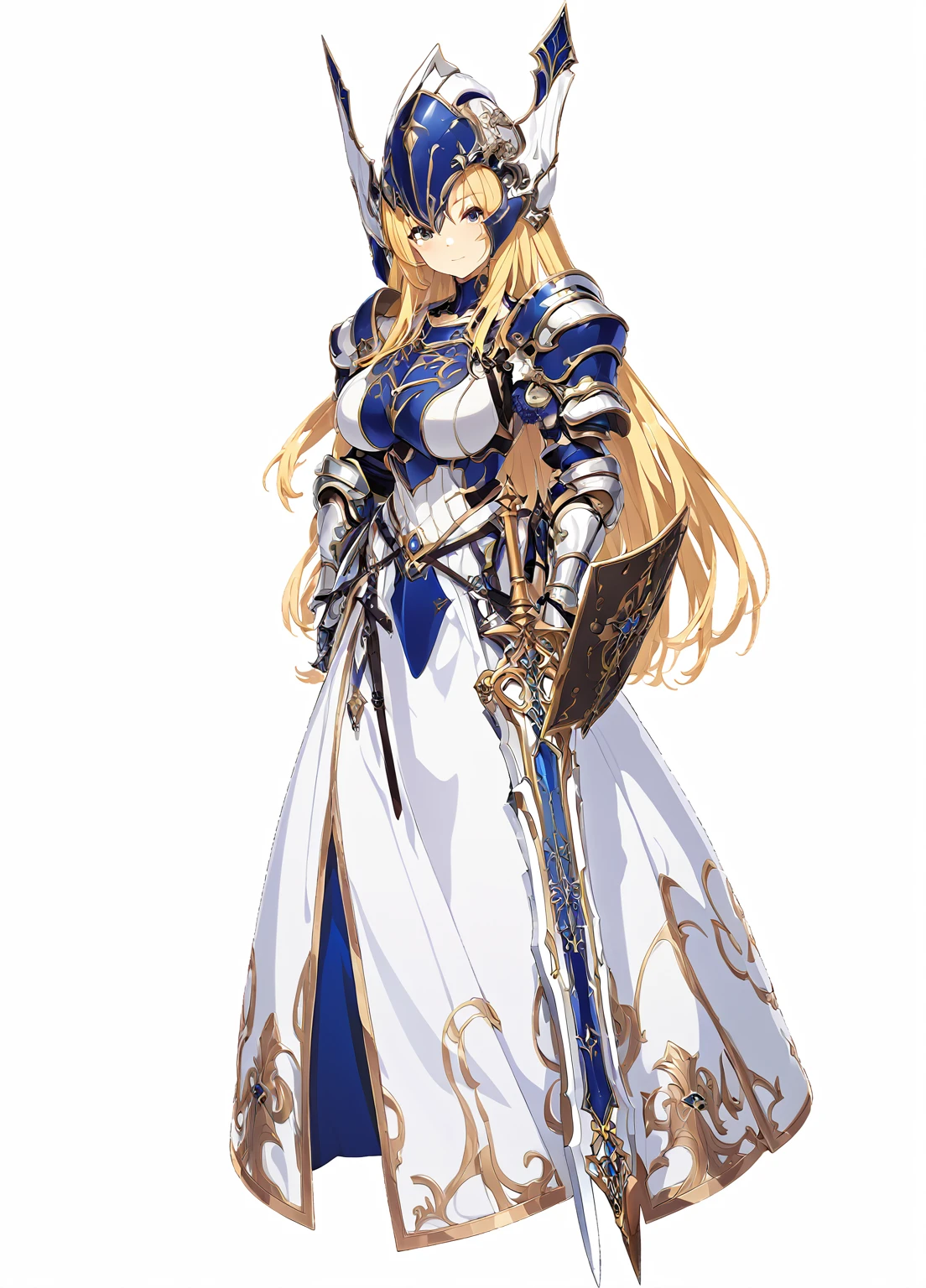 high quality, high resolution, high qualityのゲームアートスタイル, whole body,valkyrie,perfect hand,Official Art, Smooth game CG art, Visual Novel Sprites, White background,Smooth game CG art, (((Woman with a long spear))),Woman wearing a white dress and blue armor, An intricately designed helmet with white feathers,Small shield, (((In his right hand he holds an elaborate long spear))),Exquisite Blue Armor,Golden Hair, long hair, female knight, Rin々Shii,Large Bust,20-year-old,