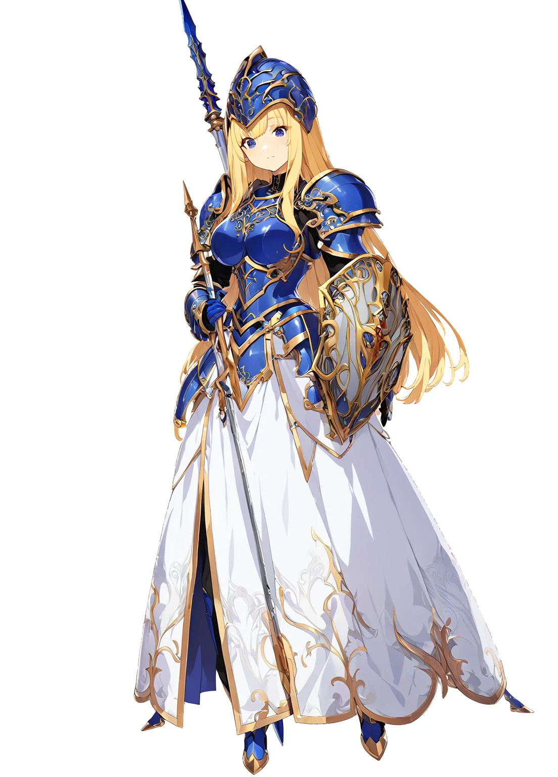 high quality, high resolution, high qualityのゲームアートスタイル, whole body,valkyrie,perfect hand,Official Art, Smooth game CG art, Visual Novel Sprites, White background,Smooth game CG art, (((Woman with a long spear))),Woman wearing a white dress and blue armor, An intricately designed helmet with white feathers,Small shield, (((In his right hand he holds an elaborate long spear))),Exquisite Blue Armor,Golden Hair, long hair, female knight, Rin々Shii,Large Bust,20-year-old,