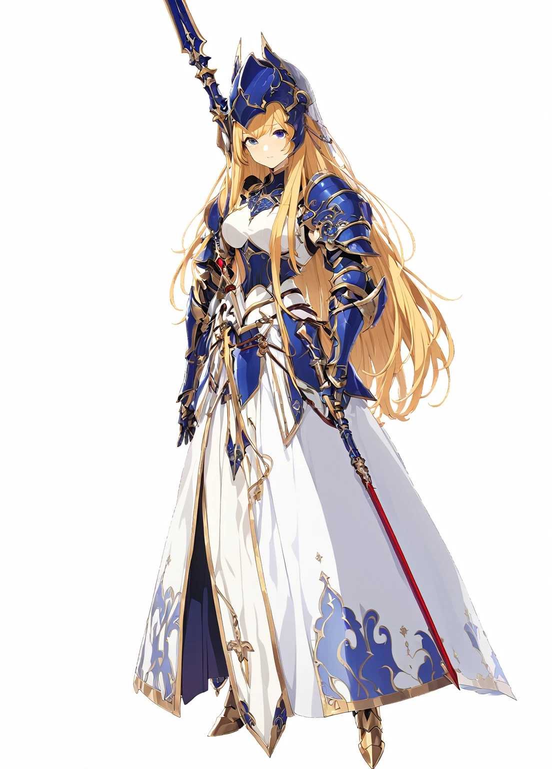 high quality, high resolution, high qualityのゲームアートスタイル, whole body,valkyrie,perfect hand,Official Art, Smooth game CG art, Visual Novel Sprites, White background,Smooth game CG art, (((Woman with a long spear))),Woman wearing a white dress and blue armor, An intricately designed helmet with white feathers,Small shield, (((In his right hand he holds an elaborate long spear))),Exquisite Blue Armor,Golden Hair, long hair, female knight, Rin々Shii,Large Bust,20-year-old,