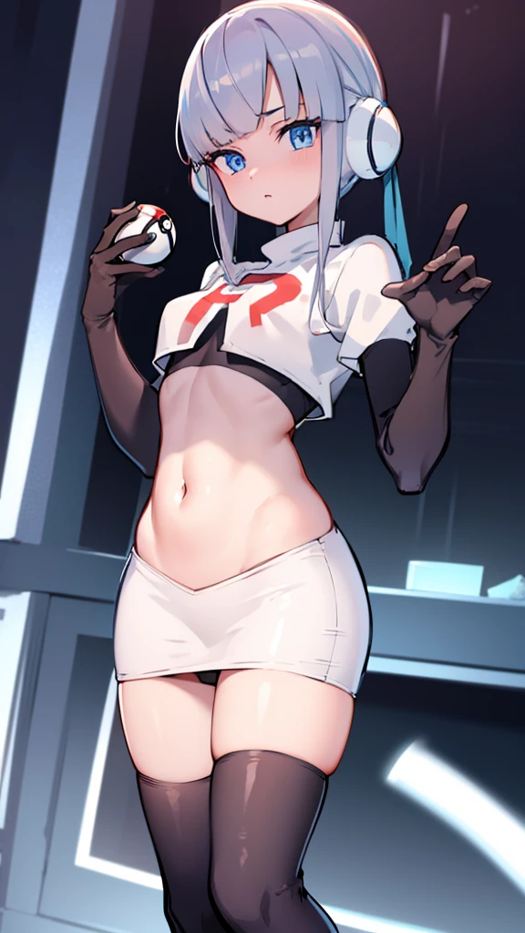 elesa pokemon ,elesa pokemon ojos azules, by rubio , by the wide (small breasts:1.2),
Team Rocket,Team Rocket uniform, red letter R, White skirt,White crop top,black thigh high stockings,black elbow length gloves BREAK looking at viewer,
BREAK (masterpiece:1.2), Best Quality, High resolution, unity wallpaper 8k, (illustration:0.8), (beautiful detailed eyes:1.6), extremely detailed face, perfect lighting, Extremely detailed CG, (perfect hands, perfect anatomy),( with a Pokeball in hand)