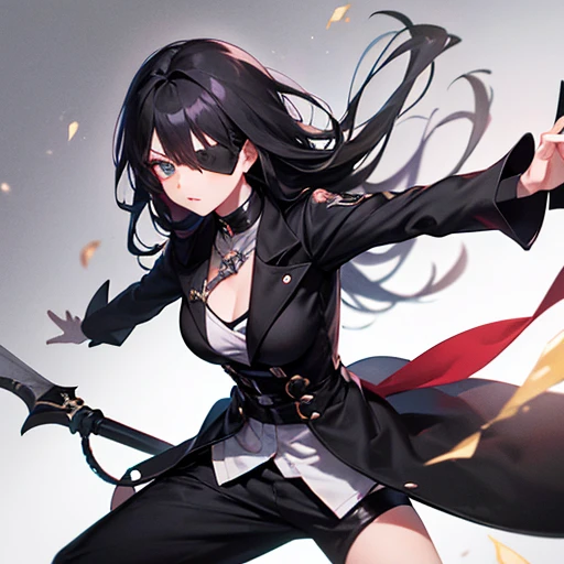 Eye patch on one eye,Cartoon of a woman wearing a black coat and black trousers,, Inspired by Le Chevalier, anime, Moe, Art Style, Cytus and Deemo Style, anime風キャラクター,One Girl,((Right eye normal,Eyepatch on left eye,black eye,Scars on face,Wield a sharp sword,Long black hair,Aggressive face,Very strong))