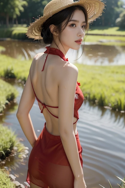 (((best quality))),(((Extremely detailed))),(((masterpiece))),illustration,1 beautiful girl,Slim,straw hat,Glowing skin,dark skin,Sweat,wet,Bare back,Short embroidered red cheongsam,collar,bare arm,Pantyhose,Standing in a rice pond full of rice seedlings,Upper Body,elegant, Clear skies, Sunlight, Dreamy, Compared, Nature,Chinese rural landscape,Body submerged in water from the neck down,From the back,Towering hips,Butt cracks
