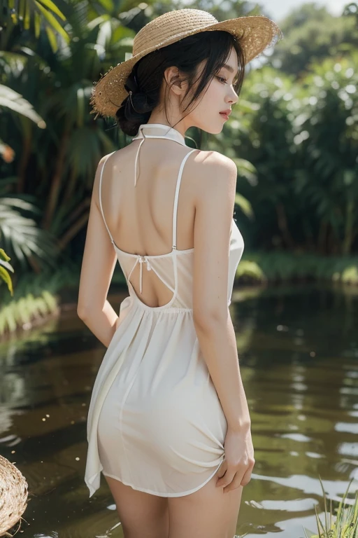 (((best quality))),(((Extremely detailed))),(((masterpiece))),illustration,1 beautiful girl,Slim,straw hat,Glowing skin,dark skin,Sweat,wet,Bare back,Short embroidered red cheongsam,collar,bare arm,Pantyhose,Standing in a rice pond full of rice seedlings,Upper Body,elegant, Clear skies, Sunlight, Dreamy, Compared, Nature,Chinese rural landscape,Body submerged in water from the neck down,From the back,Towering hips,Butt cracks