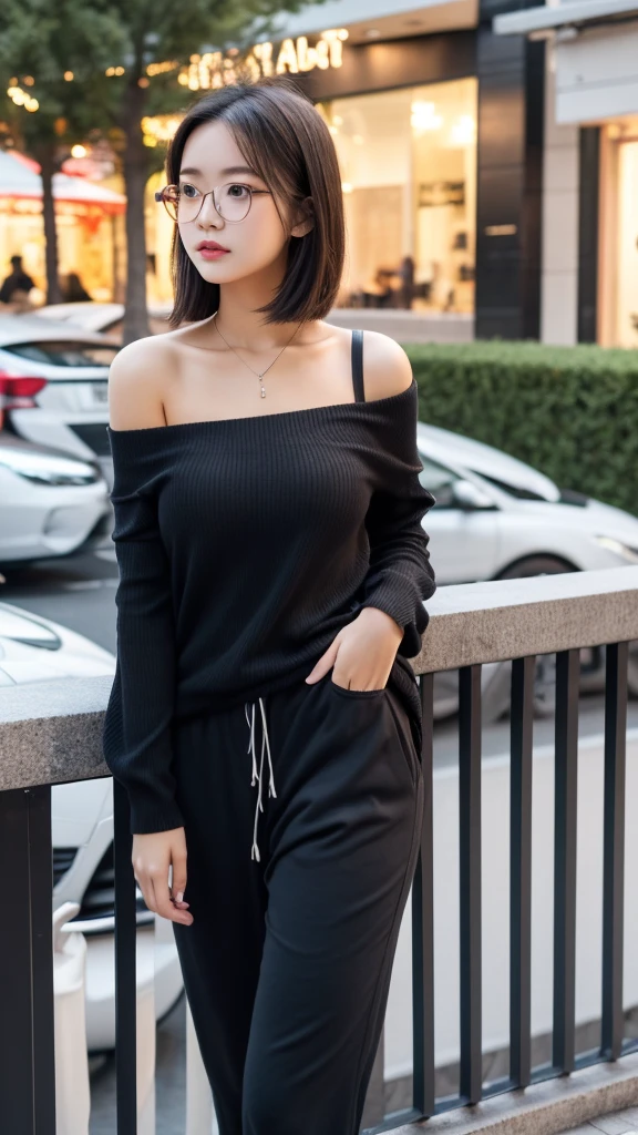 Student girl -yeld Hatyle Casual, wearing off shoulder collarbone and casual long pants girl with Square glasses with black edges on the terrace of his house at evening prepare  to go mall