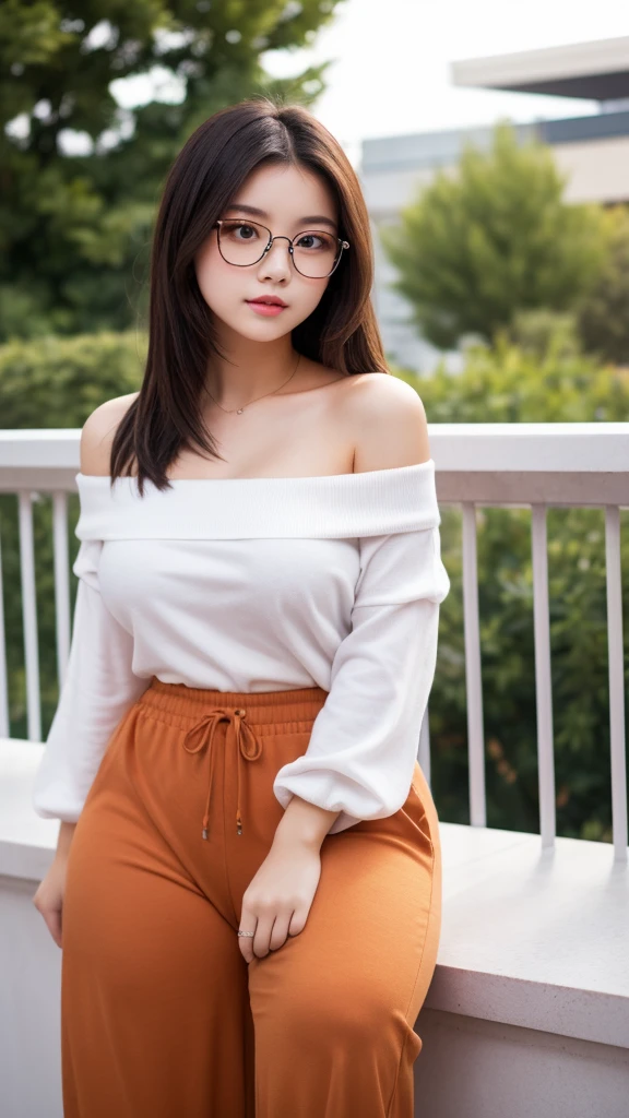 Student girl 17-year-old Hairstyle Casual, wearing off shoulder collarbone and casual long pants girl with Square glasses with black edges on the terrace of his house at evening prepare  to go mall