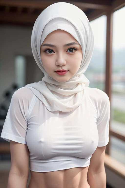 ((SHORT HIJAB)), ((small tits:1. 3)), (dynamic photograph of a 58 year old Indonesian woman), (slim top, cotton panties), (straight non curly hair), (highly detailed face:1.4), (vascular muscles and abs:1.3), (background inside light, bright, private gym:1.1), (8k, uhd, dslr, high quality, cinematic lighting, bokeh), (dramatic, award winning photography, incredible masterpiece:1.3), (((sexy sultry stare at camera:0.8))), ((she is ready to dominate you:0.5)), ((beautiful feminine face)), add_detail:1, (((wearing t-shirt white without pictures )))