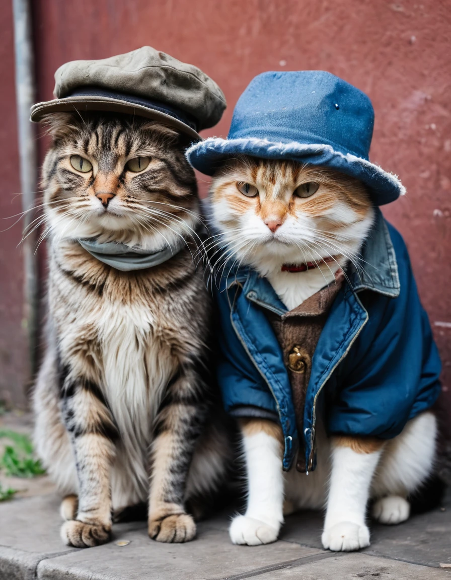 An old and sad homeless cats, wearing hats and jackets, like The Aristocats