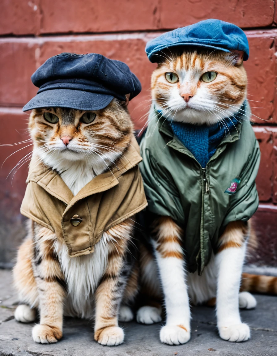 An old and sad homeless cats, wearing hats and jackets, like The Aristocats