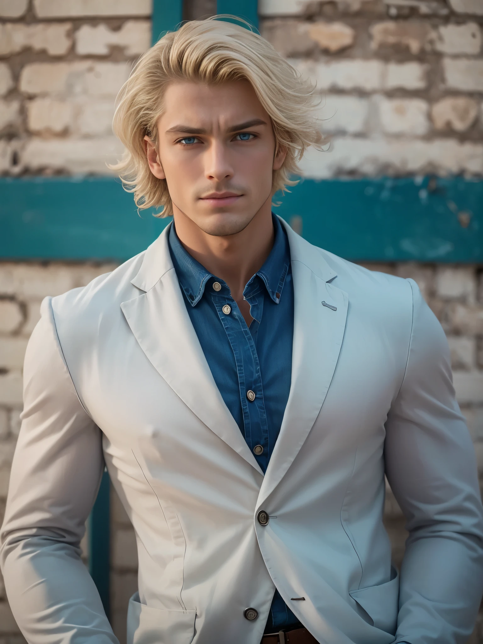 (dramatic illumination, intense color contrast), (solo), portrait of a caucasian man with blond hair and blue eyes, slight smile, wearing jeans, wearing a white dress shirt, wearing an open blue blazer, outside brick school building, (aloof expression), (prep)