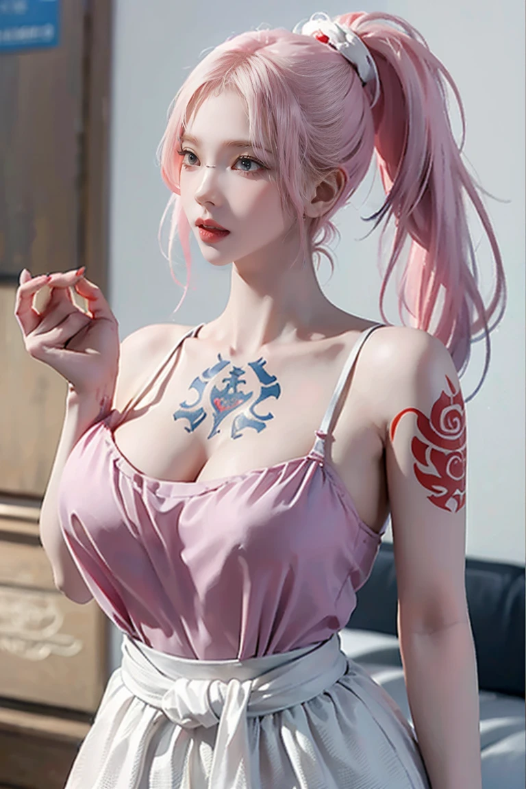 (Chest puffing pose),(Random Hairstyles),(Best image quality,(8k),Ultra-realistic,最high quality, high quality, High resolution, high quality,Attention to detail, White-pink hair, blue eyes, Red dress,(((Tight waist))), ((Large Breasts)),(See through),(((He has many tattoos all over his body)),Browsing Caution