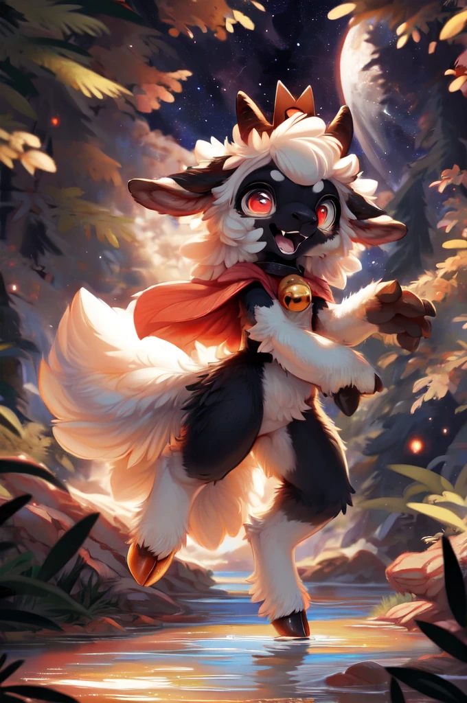 female anthro sheep, sheep girl, cute-fine-face, ultra cute face, cute, flat chest, small breasts,
glossy black skin, shiny white wool, glossy black fur,
((floating)), in the air, triumphant pose, ((reflective eyes)), expressive eyes, detailed big hands, 
red crown, golden bell collar, detailed red cape, (horizontal pupils), red eyes, glossy black horns, glossy wool,
(breast wool), furry crotch, leg wool, arm wool,
evil laugh, triumphant pose, open mouth, flirty, fangs, tongue,
low angle, depth of field, three-quarter view, 
uploaded on e621, by dagasi, by loimu, by hioshiru, by silverfox5213, by darkgem, (by carrot:0.4), 
fapuclaws, fapuhooves,
dark background, dark forest, midnight, cosmos,
detailed background, Ray tracing, concept art, highly detailed, ((masterpiece)), ((best quality)) cinematic composition, ultra realistic, (high detail:1.3), sharp focus,