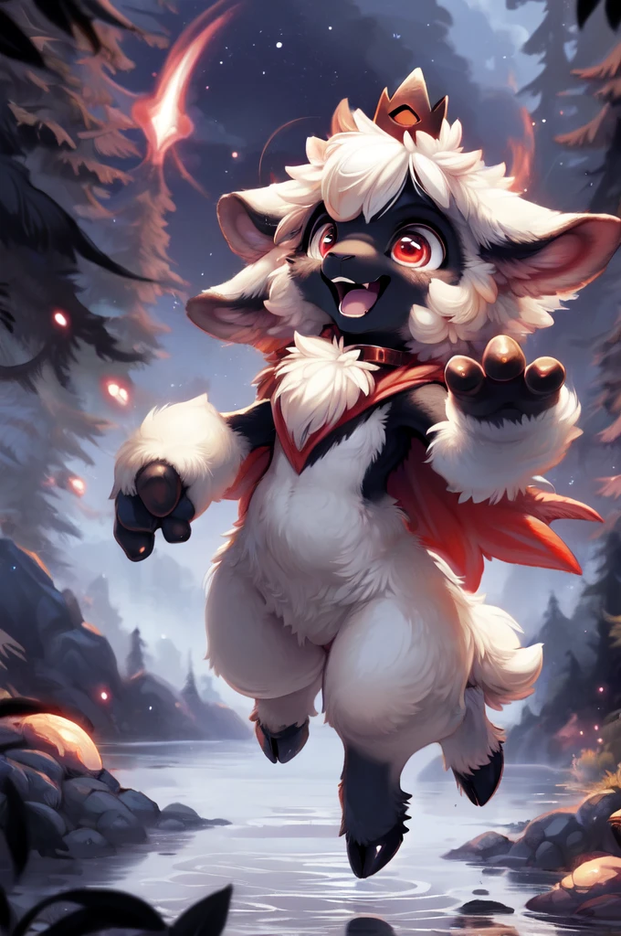 female anthro sheep, sheep girl, cute-fine-face, ultra cute face, cute, flat chest, small breasts,
glossy black skin, shiny white wool, glossy black fur,
((floating)), in the air, triumphant pose, ((reflective eyes)), expressive eyes, detailed big hands, 
red crown, golden bell collar, detailed red cape, (horizontal pupils), red eyes, glossy black horns, glossy wool,
(breast wool), furry crotch, leg wool, arm wool,
evil laugh, triumphant pose, open mouth, flirty, fangs, tongue,
low angle, depth of field, three-quarter view, 
uploaded on e621, by dagasi, by loimu, by hioshiru, by silverfox5213, by darkgem, (by carrot:0.4), 
fapuclaws, fapuhooves,
dark background, dark forest, midnight, cosmos,
detailed background, Ray tracing, concept art, highly detailed, ((masterpiece)), ((best quality)) cinematic composition, ultra realistic, (high detail:1.3), sharp focus,