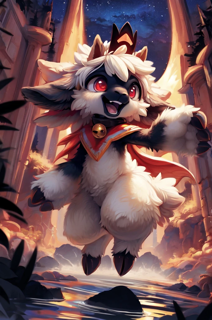 female anthro sheep, sheep girl, cute-fine-face, ultra cute face, cute, flat chest, small breasts,
glossy black skin, shiny white wool, glossy black fur,
((floating)), in the air, triumphant pose, ((reflective eyes)), expressive eyes, detailed big hands, 
red crown, golden bell collar, detailed red cape, (horizontal pupils), red eyes, glossy black horns, glossy wool,
(breast wool), furry crotch, leg wool, arm wool,
evil laugh, triumphant pose, open mouth, flirty, fangs, tongue,
low angle, depth of field, three-quarter view, 
uploaded on e621, by dagasi, by loimu, by hioshiru, by silverfox5213, by darkgem, (by carrot:0.4), 
fapuclaws, fapuhooves,
dark background, dark forest, midnight, cosmos,
detailed background, Ray tracing, concept art, highly detailed, ((masterpiece)), ((best quality)) cinematic composition, ultra realistic, (high detail:1.3), sharp focus,