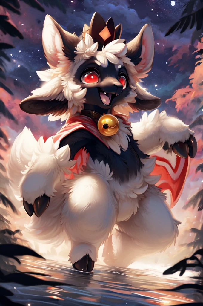 female anthro sheep, sheep girl, cute-fine-face, ultra cute face, cute, flat chest, small breasts,
glossy black skin, shiny white wool, glossy black fur,
((floating)), in the air, triumphant pose, ((reflective eyes)), expressive eyes, detailed big hands, 
red crown, golden bell collar, detailed red cape, (horizontal pupils), red eyes, glossy black horns, glossy wool,
(breast wool), furry crotch, leg wool, arm wool,
evil laugh, triumphant pose, open mouth, flirty, fangs, tongue,
low angle, depth of field, three-quarter view, 
uploaded on e621, by dagasi, by loimu, by hioshiru, by silverfox5213, by darkgem, (by carrot:0.4), 
fapuclaws, fapuhooves,
dark background, dark forest, midnight, cosmos,
detailed background, Ray tracing, concept art, highly detailed, ((masterpiece)), ((best quality)) cinematic composition, ultra realistic, (high detail:1.3), sharp focus,