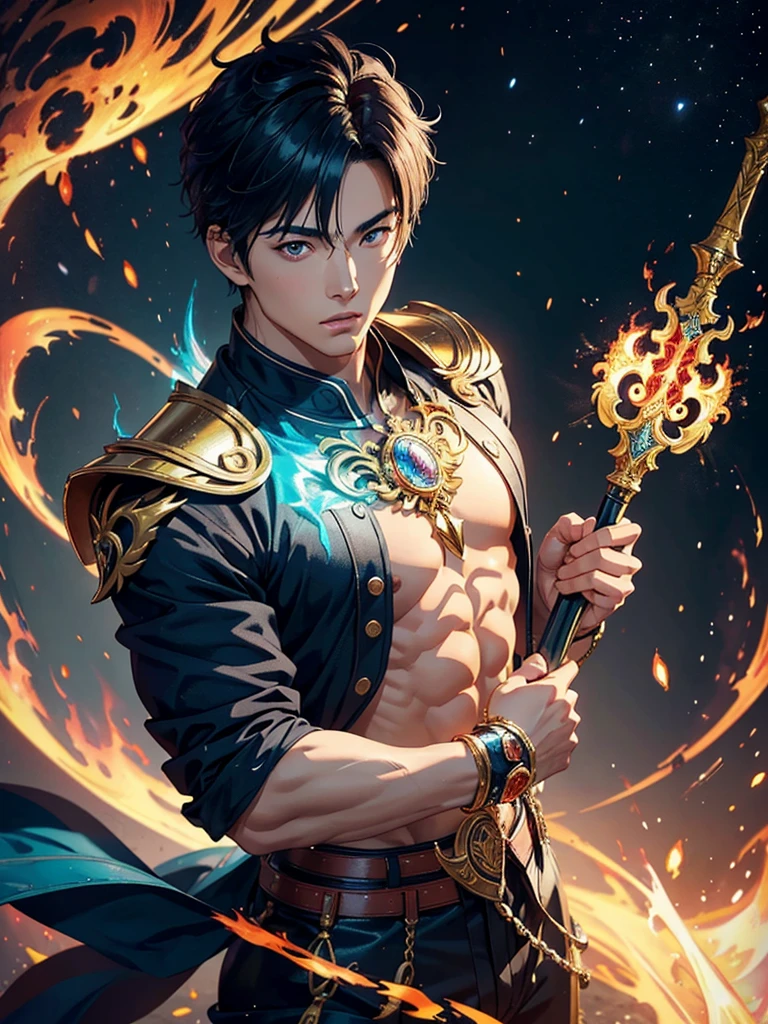 A asian boy like Mighty Archangel Michael, 20-29 years old, handsome, kpop idol actor, many jawline, manly chin, Full Body Shoot, (eyes contact), detailed facial parts, Manly, bare chest,
Quiff haircut :: high detail, is in highly detailed battle armor, holding a detailed flaming blue sword of golden pearls, detailed fingers, a flaming sacred aura radiating from his body, stylish model pose, moon background, surreal, fantasy, magical, intricate details, depth of field. Best quality, masterpiece, ultra high resolution, (anime realism, photorealistic: 1.4), perfect composition, centered, symmetry
