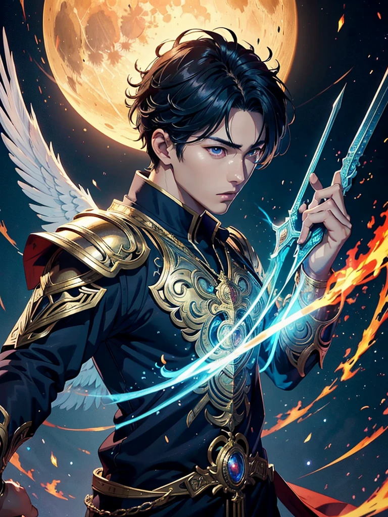A asian boy like Mighty Archangel Michael, 20-29 years old, handsome, kpop idol actor, many jawline, manly chin, Full Body Shoot, (eyes contact), detailed facial parts, Manly, bare chest, 
Quiff haircut :: high detail, is in highly detailed battle armor, holding a detailed flaming blue sword of golden pearls, detailed fingers, a flaming sacred aura radiating from his body, stylish model pose, moon background, surreal, fantasy, magical, intricate details, depth of field. Best quality, masterpiece, ultra high resolution, (anime realism, photorealistic: 1.4), perfect composition, centered, symmetry