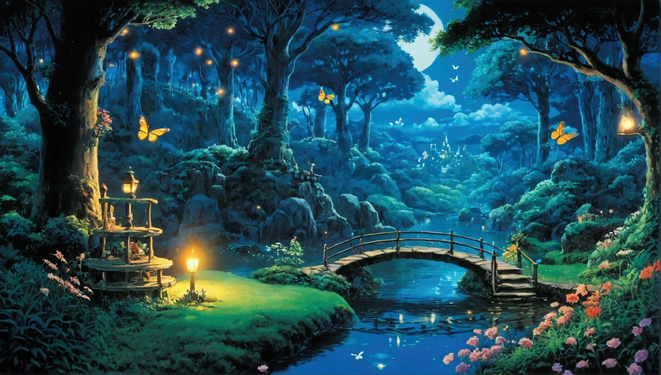 Studio ghibli, enchanted landscapes with lights , butterflies, fireflies, etc