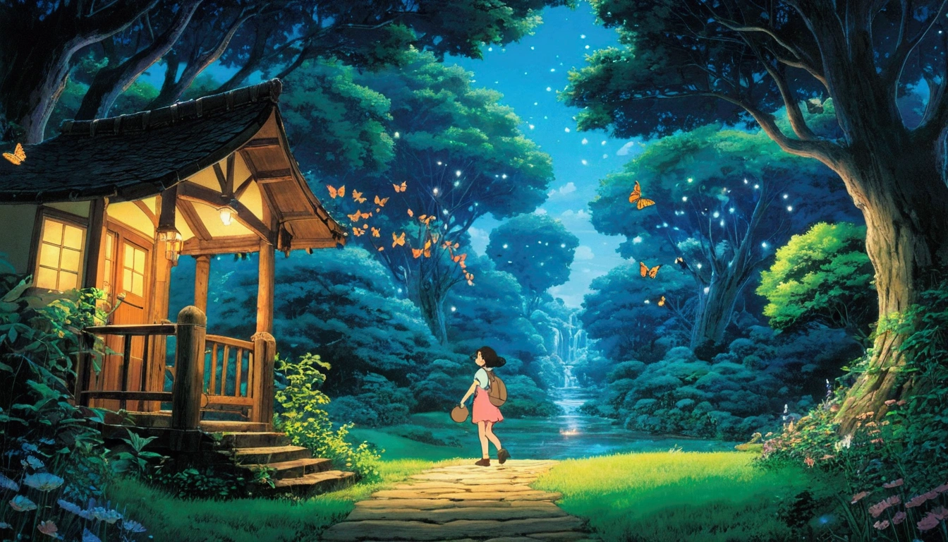 Studio ghibli, enchanted landscapes with lights , butterflies, fireflies, etc