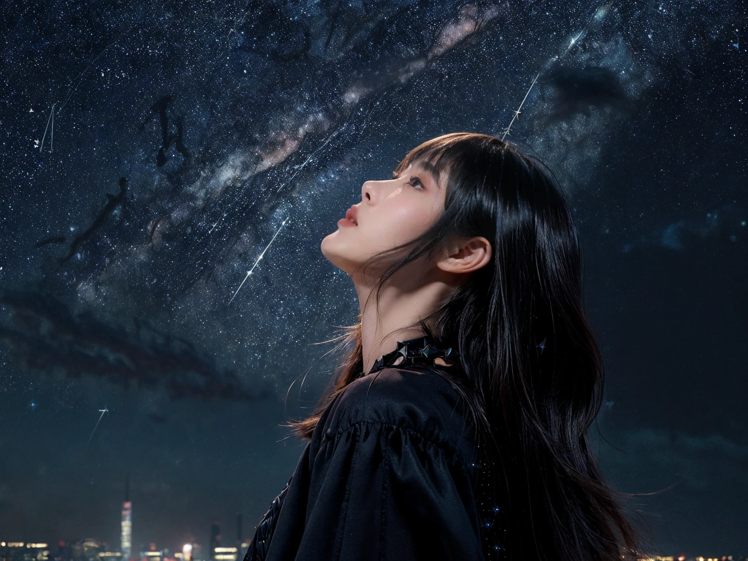minimum, harmony, aesthetic, fantastic scene, Dystopia, (night, Starry Sky:1.4), Broken Building, Sky full of stars, Beautiful night sky, Girl looking up at the sky, 24-years-old, slender, Medium Hair, bangs, (Gothic_Punk:1.2), masterpiece, best quality, RAW Photos, photorealistic, depth of field, candytt