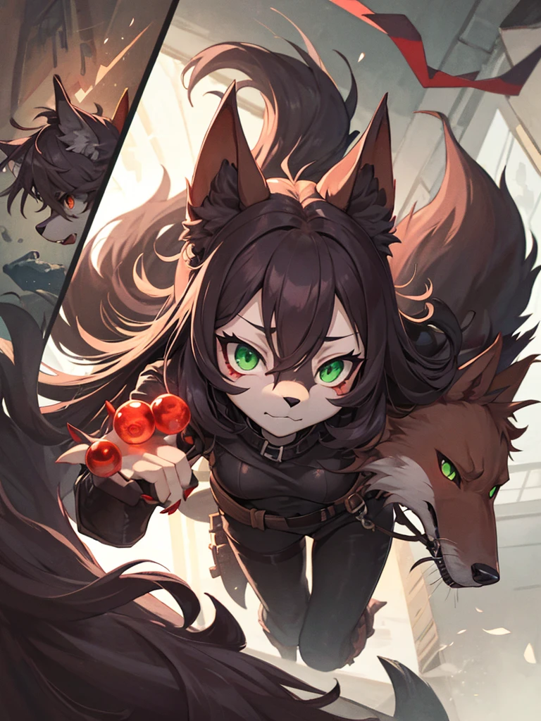 collage style,dark、Depression,Full of weird elements,Red wolf furry, green eyes,black sclera