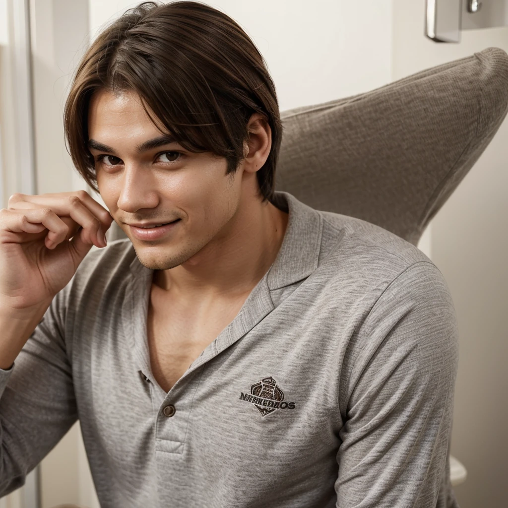 His face is oval, with clear skin that highlights his youthful features. He has intense light brown eyes that reflect determination and a spark of creativity., accentuated by well-defined eyebrows that frame your look.  His smile is one of his most charming features., with white, well-aligned teeth that shine when you smile. this smile, combined with her positive attitude and confidence, gives him an air of friendliness and charisma.

His physique is strong but not much , denoting years of training and discipline. Your posture is upright and confident, which reflects his self-confidence and his mastery of the game. Not so muscular he has dark brown hair that is a little longer on top, but with a cut that maintains a perfect balance between style and practicality. The hair is slightly wavy, which gives it natural volume and a soft texture. Sides are subtly faded, creating a stylish contrast to the longer top. The style allows your hair to be flexible and can be styled in various ways, adding a touch of sophistication and modernity to your appearance. 

He is  and Dress him in Real Madrid soccer player clothes 