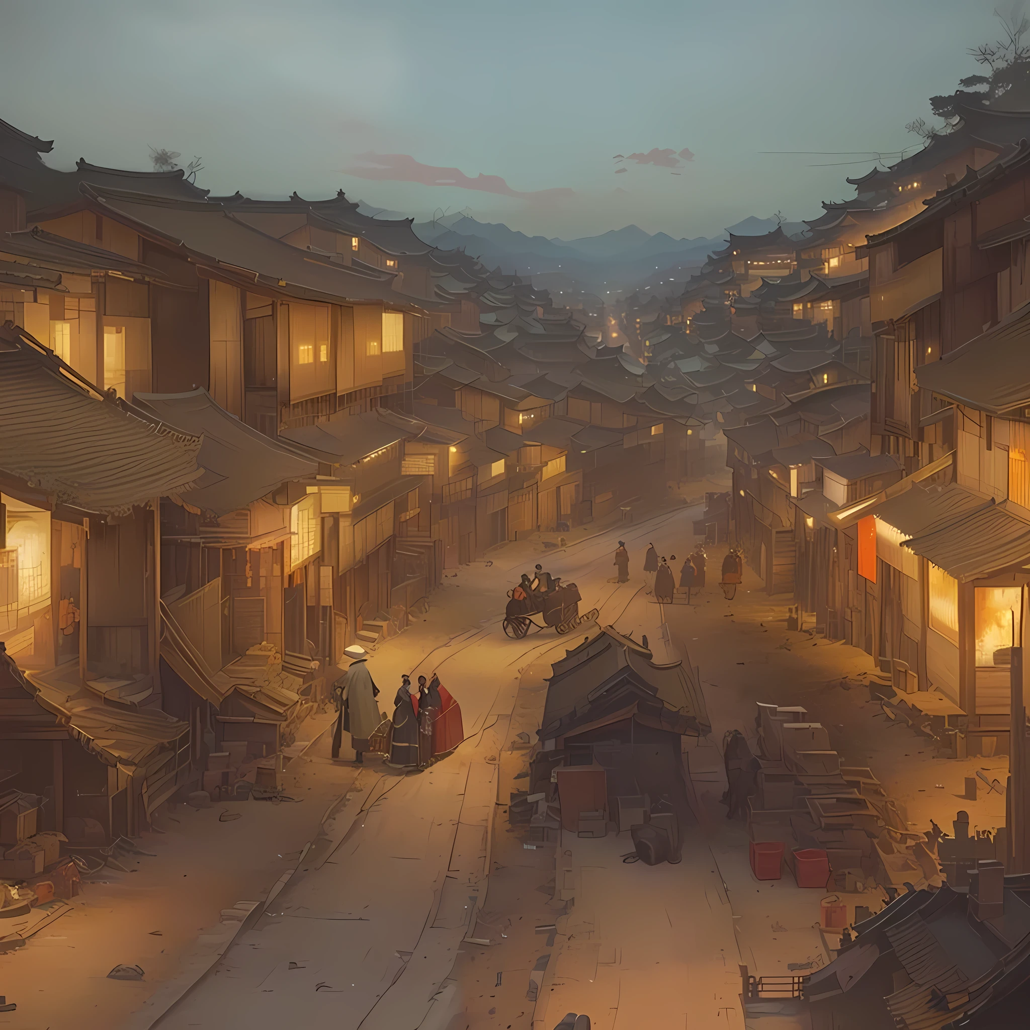 Painting of a cityscape with a horse-drawn carriage and buildings, Dreamy city in China, Carl Spitzwegにインスピレーションを得た, Painterly concept art, Old Asian Village, Written by Nie Yuanlu, Chinese Village, Carl Spitzweg. Unreal Engine, Beautiful renderings of the Tang Dynasty, by Shimo, Digital Painting Concept Art, Blazing flames by Zou Zhe, fire, crowd, throng, freezing, mother warming her baby.Scenery and Cityscape in the Early Meiji Era After the Meiji Restoration, Japan underwent rapid modernization and civilization. Consequently, many changes and reforms occurred. Below is a detailed explanation of the scenery, appearance of the poor, occupations, and cityscapes in the early Meiji period (1868 to the early 1880s). 2. Appearance of the Poor Life for the impoverished and lower classes remained harsh. In particular, in urban areas, people migrated from rural areas or unemployed artisans gathered, intensifying competition in the labor market. Many of them struggled with poverty, often residing in slums or around temples. 3. Occupations Meiji early Japan witnessed a diversification of occupations. Traditional agriculture and handicrafts were accompanied by the rise of modern industry and commerce. Particularly in urban areas, factory workers, shop clerks, and transporters increased, giving rise to new professions. However, many in these occupations endured harsh working conditions. 4. Influence of Civilization and Enlightenment During the Meiji era, Western cultural influences spread rapidly. Changes in clothing, dietary habits, and the proliferation of Western-style architecture advanced, especially in urban areas. Conversely, this development posed a threat to traditional culture and lifestyles, resulting in societal upheaval and adaptation challenges. 5. Social Change and Policy Influence While promoting modernization policies, the government also addressed poverty and social issues. Legislation for labor protection and charitable activities to aid the poor were implemented. Nevertheless, living conditions for the impoverished scarcely improved. The early Meiji period marked a rapid transformation in Japan, with complex