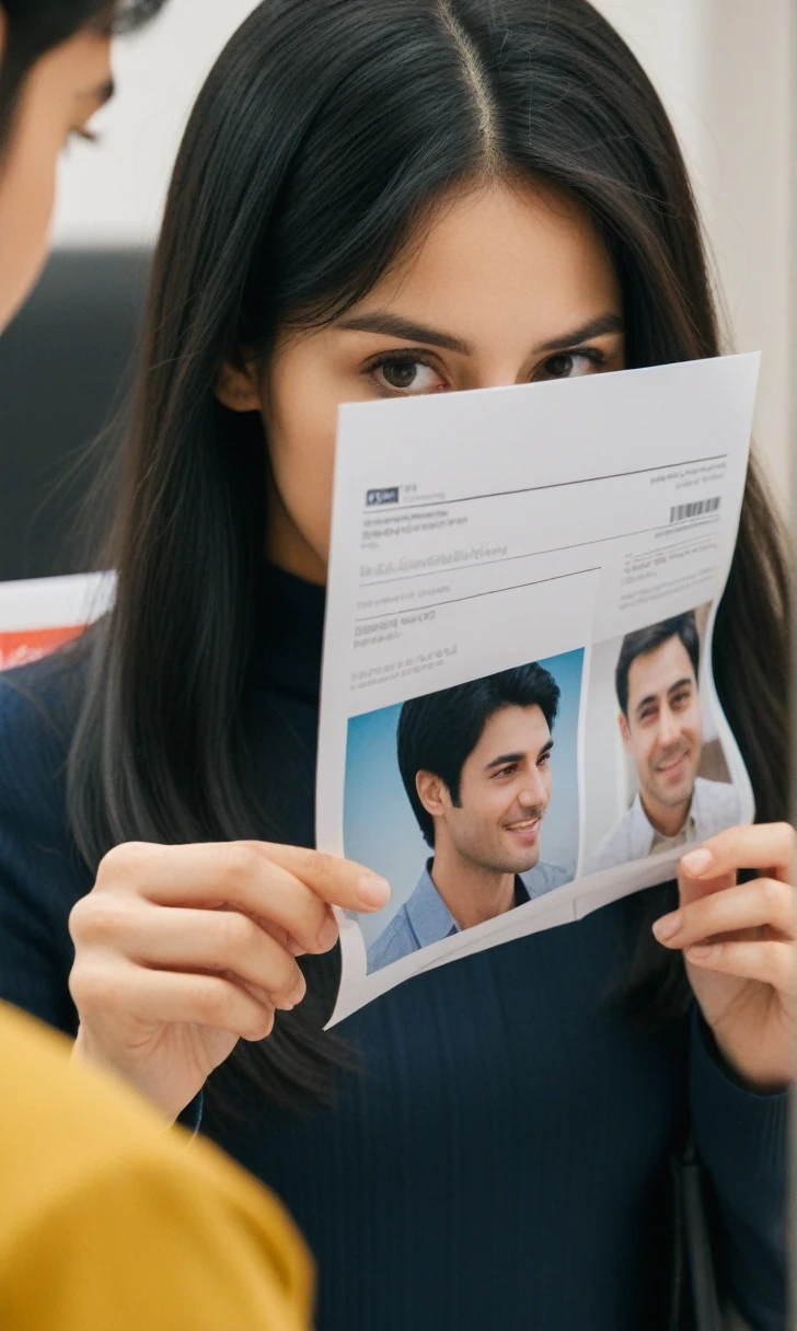 A black haired woman flipping through a folder of photographs. A close-up of one photo showing a man exchanging packages with suspicious-looking individuals.