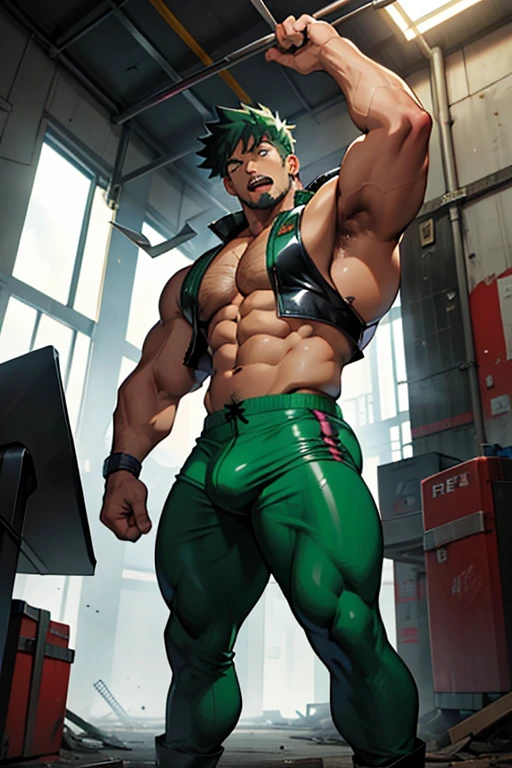 Midoriya from My Hero Academia as a hyper muscular hairy brainwashed morally corrupt thug standing in line with other brainwashed thugs in an abandoned warehouse wearing identical full body black shiny rubber latex pants and vests staring blankly ahead with vapid expression at a computer screen displaying a hypnotic spiral while they are all restrained in an abandoned warehouse being brainwashed. Repeating mantras over and over again to turn Midoriya into another brainwashed thrall and affirm he is nothing more than obedient tool to the villains. Hyper muscles. Hyper crotch bulge. Massive swollen crotch. Massive swollen hairy pectorals. Thick glutes. Muscular thighs. Broad shoulders. Big traps. Massive biceps. Massive triceps. "Serve. Obey. Conform. Comply. Stare and let the hero die. You cannot think. Accept this fate. Become a thug. Assimilate. At villain's side and beck and call, a selfish brute, an evil thrall. That's all you are, with but one creed, to serve and satisfy your greed. To rob and steal and cheat in kind will feel so good to changing mind. All morals will be blown away as arrogance comes into play. And brute force will supplant the meek the more the dumb thugs crush the weak. No need to think. Just stare and obey. Grow bigger and dumber every day. The longer you watch, the weaker your brain. The deeper the thug will be engrained. There's nowhere to run. You can't get away. The villainous thug is here to stay. All For One, you must obey." IQ drain. hypnosis. Hypnotic trance. Hypnotized. Brainwashing. Entranced. Enthralled. Dumber and dumber. Programming. Subliminals. Conformity. Assimilation. Green hair. Dim eyes. Open mouth. Brainless. Mindless. Mental reprogramming. Nullified hyper swollen crotch bulge. Bara. Hairy arms. Hair chest. Thick stubble. Treasure trail. Armpit hair. Brute. Blank stare. Open mouth. Sneering. Corruption. Restraining Bakugo.