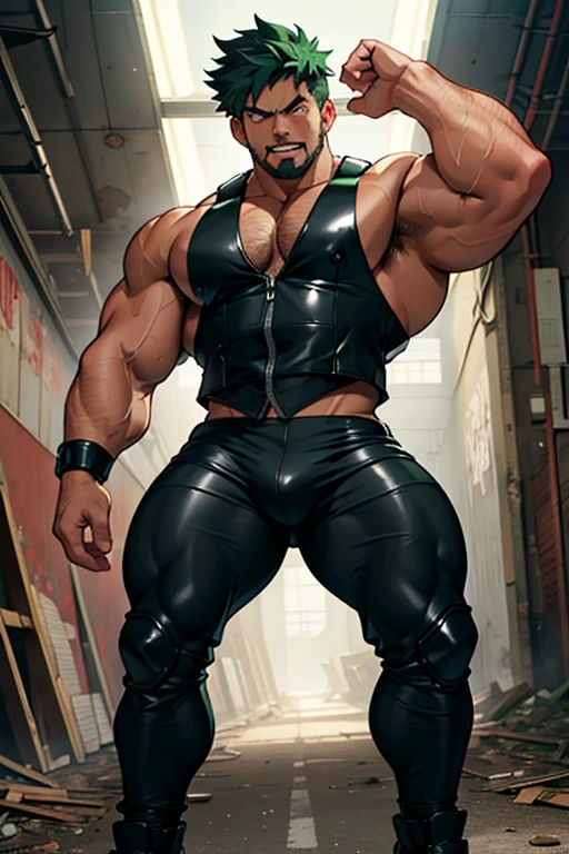 Midoriya from My Hero Academia as a hyper muscular hairy brainwashed morally corrupt thug standing in line with other brainwashed thugs in an abandoned warehouse wearing identical full body black shiny rubber latex pants and vests staring blankly ahead with vapid expression at a computer screen displaying a hypnotic spiral while they are all restrained in an abandoned warehouse being brainwashed. Repeating mantras over and over again to turn Midoriya into another brainwashed thrall and affirm he is nothing more than obedient tool to the villains. Hyper muscles. Hyper crotch bulge. Massive swollen crotch. Massive swollen hairy pectorals. Thick glutes. Muscular thighs. Broad shoulders. Big traps. Massive biceps. Massive triceps. "Serve. Obey. Conform. Comply. Stare and let the hero die. You cannot think. Accept this fate. Become a thug. Assimilate. At villain's side and beck and call, a selfish brute, an evil thrall. That's all you are, with but one creed, to serve and satisfy your greed. To rob and steal and cheat in kind will feel so good to changing mind. All morals will be blown away as arrogance comes into play. And brute force will supplant the meek the more the dumb thugs crush the weak. No need to think. Just stare and obey. Grow bigger and dumber every day. The longer you watch, the weaker your brain. The deeper the thug will be engrained. There's nowhere to run. You can't get away. The villainous thug is here to stay. All For One, you must obey." IQ drain. hypnosis. Hypnotic trance. Hypnotized. Brainwashing. Entranced. Enthralled. Dumber and dumber. Programming. Subliminals. Conformity. Assimilation. Green hair. Dim eyes. Open mouth. Brainless. Mindless. Mental reprogramming. Nullified hyper swollen crotch bulge. Bara. Hairy arms. Hair chest. Thick stubble. Treasure trail. Armpit hair. Brute. Blank stare. Open mouth. Sneering. Corruption. Restraining Bakugo.