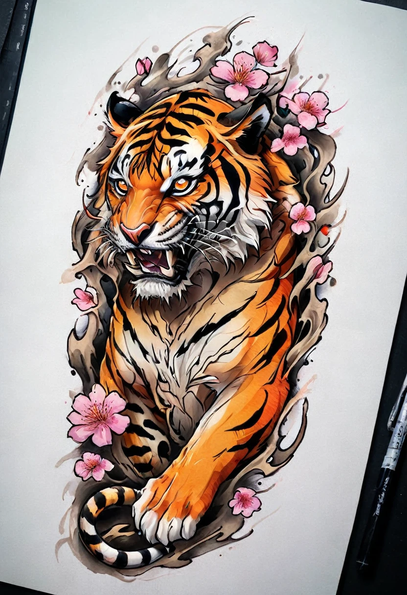 (((solo Tiger))), with a sakura flower Tattoo designs, Tom Wennerstrand, Color illustration for tattoo, (((solo Tiger))), Highly detailed and colorful, Full-color painting, Tattoo designs, Inspired by Kameda Disaster Prevention, Inspired by Kyosai Kawanabe, Highly detailed watercolor 8k, Highly detailed watercolor 8k, (((Scratching the viewer with fierce claw))), solo tiger, solo tiger, solo tiger, solo tiger, 
