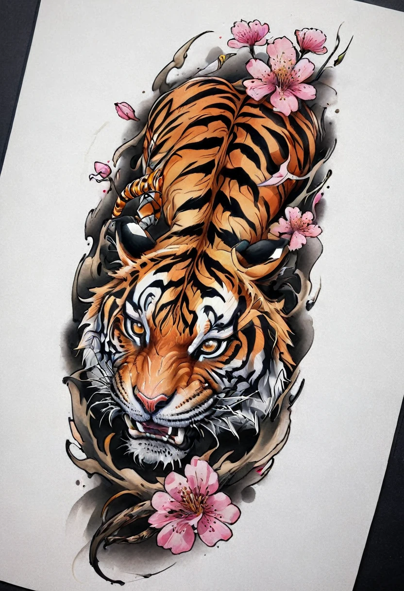 (((solo Tiger))), with a sakura flower Tattoo designs, Tom Wennerstrand, Color illustration for tattoo, (((solo Tiger))), Highly detailed and colorful, Full-color painting, Tattoo designs, Inspired by Kameda Disaster Prevention, Inspired by Kyosai Kawanabe, Highly detailed watercolor 8k, Highly detailed watercolor 8k, (((Scratching the viewer with fierce claw))), solo tiger, solo tiger, solo tiger, solo tiger, 
